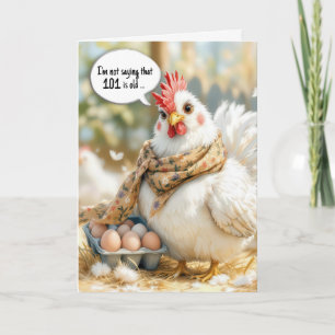Tarjeta Gallina de 101 cumpleaños con huevos en cartón