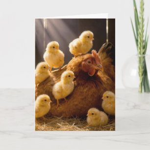 Tarjeta Gallina Madre Cumpleañera con Pollitos en el Grane