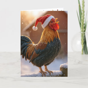 Tarjeta Gallo de Navidad cantando con un sombrero de Santa