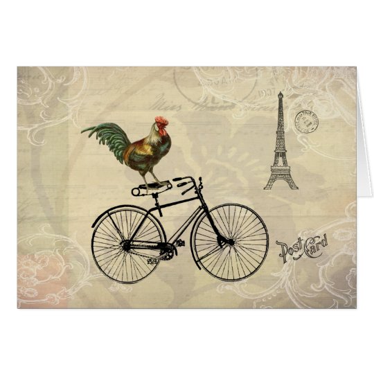 Tarjeta Gallo del vintage que monta una bici por la torre