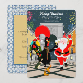 Tarjeta Gallo portugués y Santa brindan por el Año Nuevo