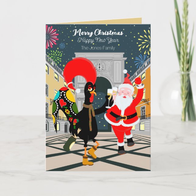 Tarjeta Gallo portugués y tostada de Santa al Año Nuevo (Anverso)