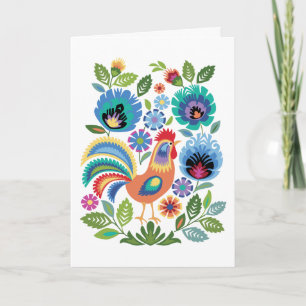 Tarjeta Gallo y flores de Wycinanki, estilo folclórico pol