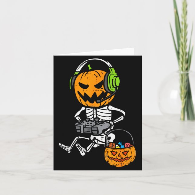 Tarjeta Gamer Pumpkin Skeleton Funny Halloween Gaming Boys (Anverso)