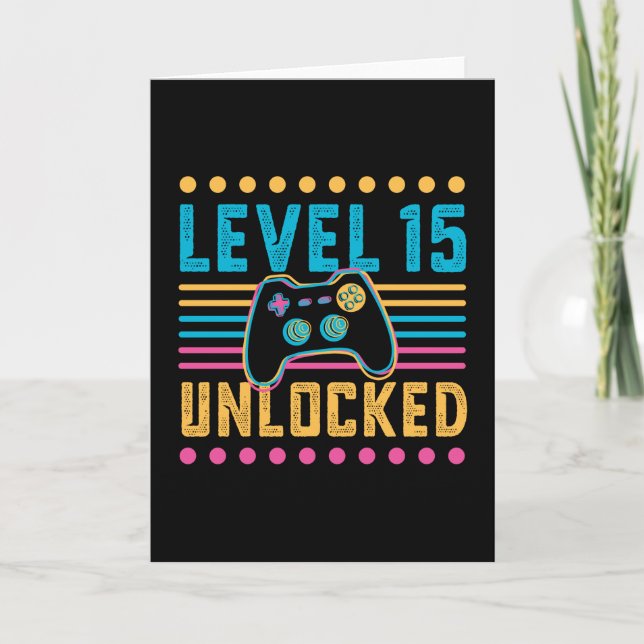 Tarjeta Gaming Level 15 Desbloqueado 15th Birthday Gamer G (Anverso)