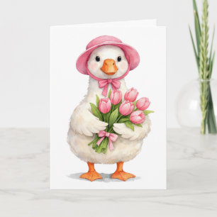 Tarjeta Ganso blanco de cumpleaños con ramo de tulipanes r