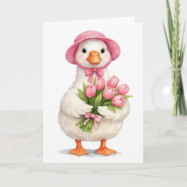 Tarjeta Ganso blanco de cumpleaños con ramo de tulipanes r (Anverso)