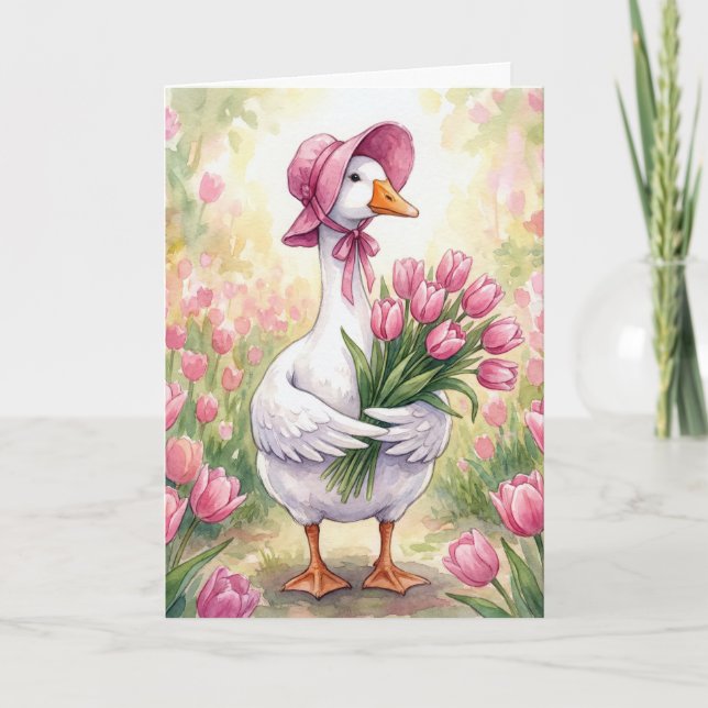 Tarjeta Ganso Blanco de Cumpleaños con Tulipanes Rosas (Anverso)