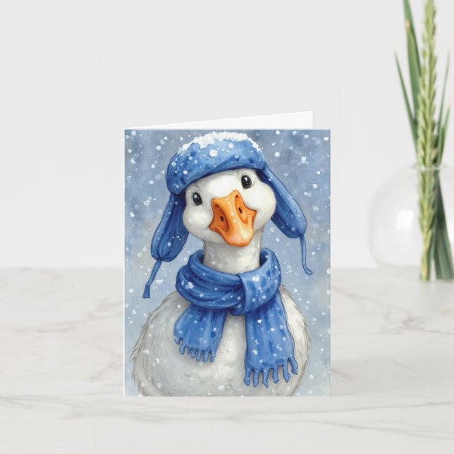 Tarjeta Ganso Blanco de Invierno con Bufanda Azul (Anverso)