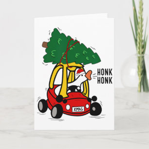 Tarjeta Ganso tonto conduciendo coche de juguete con árbol