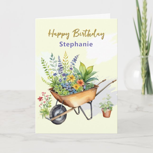 Tarjeta Garden Wheelbarrow Custom Name Happy Birday (Anverso)