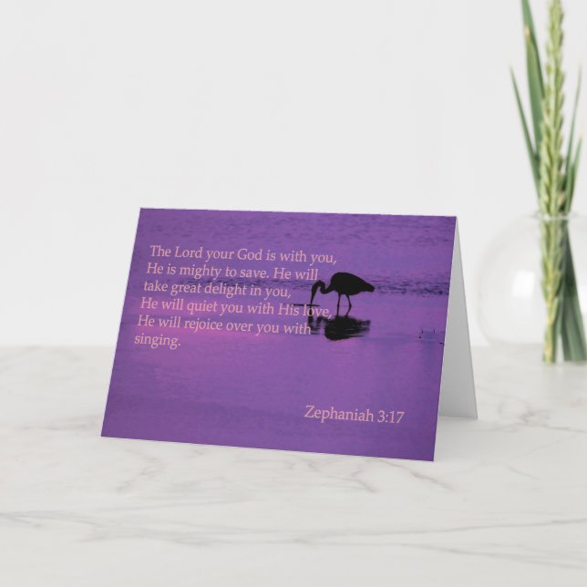 Tarjeta garza pacífica con zephaniah 3:17 (Anverso)