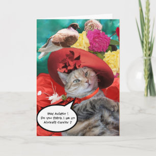 Tarjeta GATA PRINCESA TATUS, SOMBRERO ROJO Y PALOMA Día de