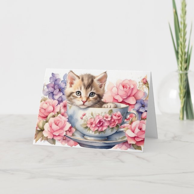 Tarjeta Gatito a la acuarela en taza de té con flores  (Anverso)
