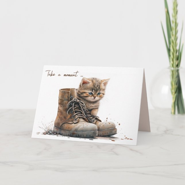 Tarjeta Gatito acuarela con zapato viejo (Anverso)