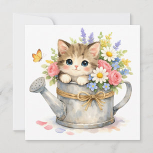 Tarjeta Gatito acuarela dentro de regadera con flores