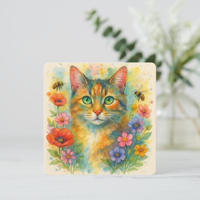 Tarjeta Gatito acuático con flores (Anverso de pie)