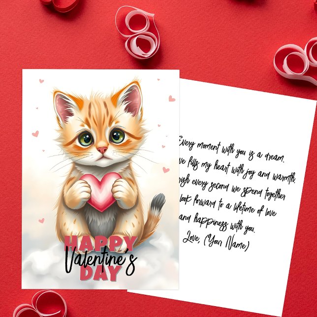 Tarjeta Gatito Adorable con Corazón Rosa Día de San Valent (Subido por el creador)