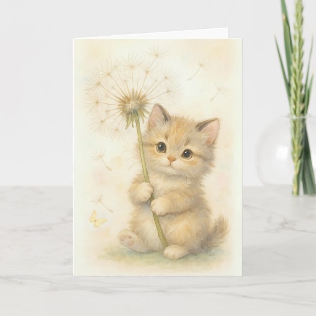 Tarjeta Gatito Adorable con Dandelion y Mariposa en blanco (Anverso)