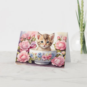 Tarjeta Gatito adorable de acuarela en taza de té floral 