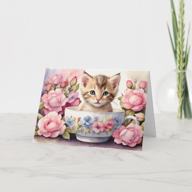 Tarjeta Gatito adorable de acuarela en taza de té floral (Anverso)