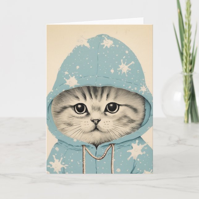 Tarjeta Gatito Adorable en un Pastel Azul Hoodie (Anverso)