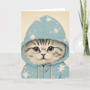 Tarjeta Gatito Adorable en un Pastel Azul Hoodie