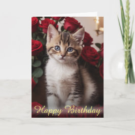 Tarjeta Gatito Adorable envuelto en hermosas rosas rojas