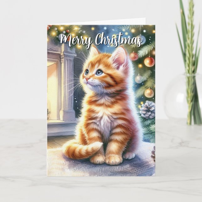 Tarjeta Gatito amarillo de Navidad vintage (Anverso)