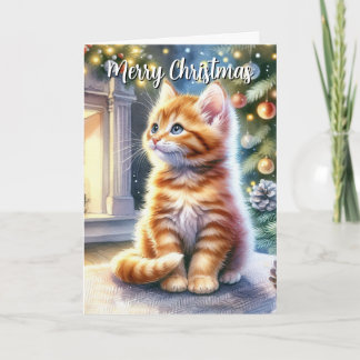Tarjeta Gatito amarillo de Navidad vintage