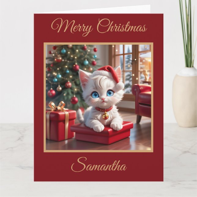 Tarjeta Gatito blanco adorable con regalo de Navidad (Anverso)