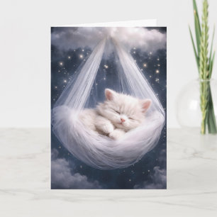 Tarjeta Gatito blanco colgando de una hamaca de tul y nube