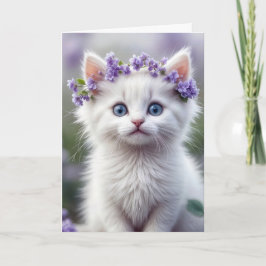 Tarjeta Gatito Blanco Cumpleaños Con Laurel Lilac