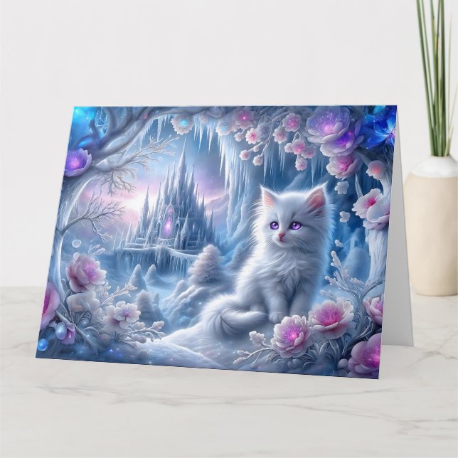 Tarjeta Gatito blanco en el reino del hielo de la fantasía (Anverso)