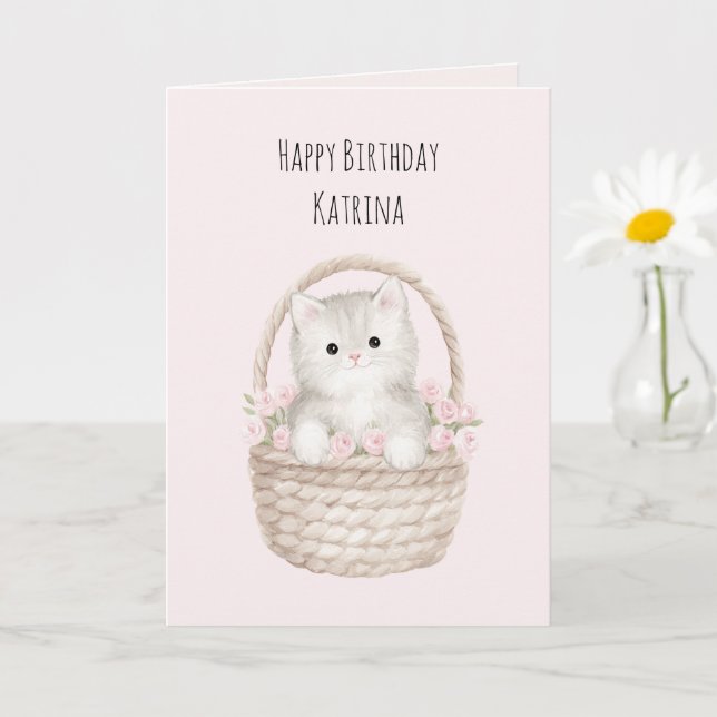 Tarjeta Gatito Bonito en un Cesto Rosas Rosadas Cumpleaños (Planta pequeña)