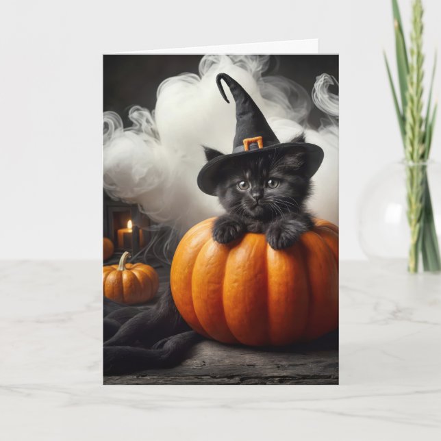 Tarjeta Gatito Brujo Negro En Calabaza De Halloween (Anverso)