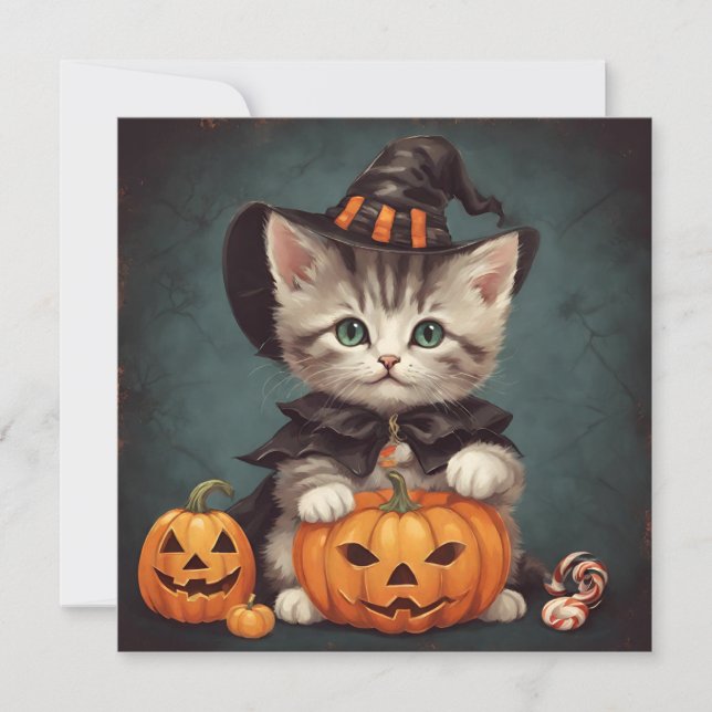 Tarjeta Gatito con disfraz de Halloween y linterna de Jack (Anverso)