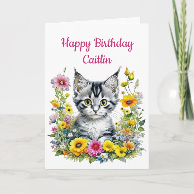 Tarjeta Gatito con flores amarillas Cumpleaños personaliza (Anverso)