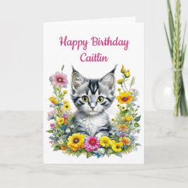 Tarjeta Gatito con flores amarillas Cumpleaños personaliza