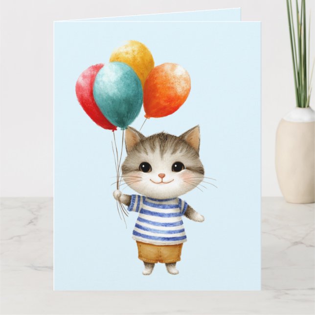 Tarjeta Gatito con globos de cumpleaños | Celebración de f (Anverso)