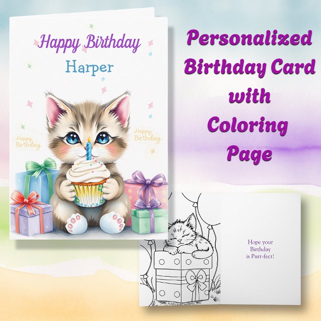 Tarjeta Gatito con pastel coloreado página Cumpleaños (Subido por el creador)