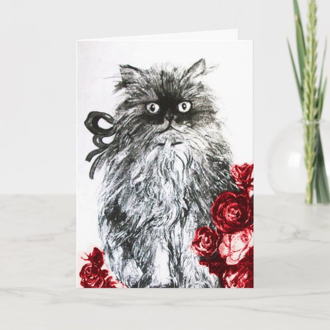 Tarjeta GATITO CON ROSAS ROJAS ,Blanco y Negro (Anverso)