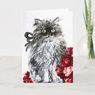 Tarjeta GATITO CON ROSAS ROJAS ,Blanco y Negro
