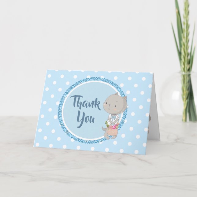 Tarjeta Gatito Con Una Cesta De Flores "Gracias" (Anverso)
