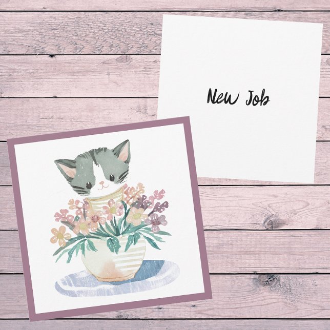 Tarjeta Gatito Cutto En Una Bota De Flores Gato Nuevo Trab (Front And Back)