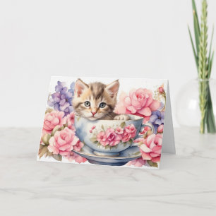 Tarjeta Gatito de acuarela en taza de té con flores 