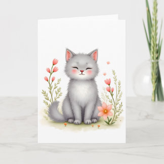 Tarjeta Gatito de Acuarela Gato Bonito con Flores Blanco
