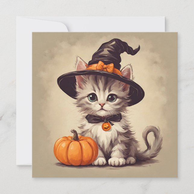Tarjeta Gatito de cosecha en traje de bruja de Halloween (Anverso)