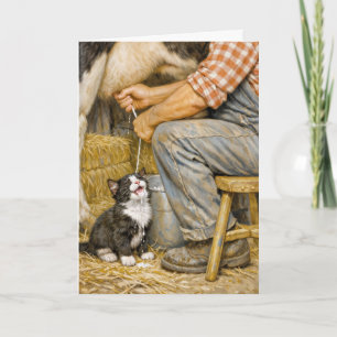 Tarjeta Gatito de cumpleaños bebiendo leche de vaca