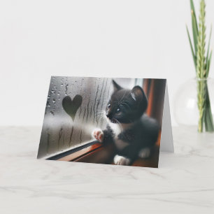 Tarjeta Gatito de Cumpleaños con Corazón en la Ventana